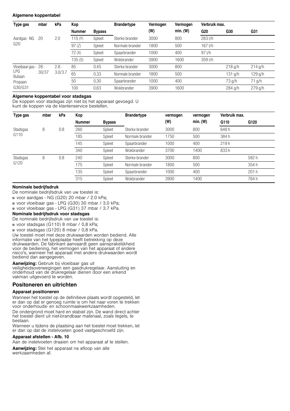 Algemene koppentabel, Algemene koppentabel voor stadsgas, Aanwijzing | Positoneren en uitrichten, Apparaat positioneren, Apparaat afstellen - afb. 10 | Siemens HQ738256E User Manual | Page 14 / 16