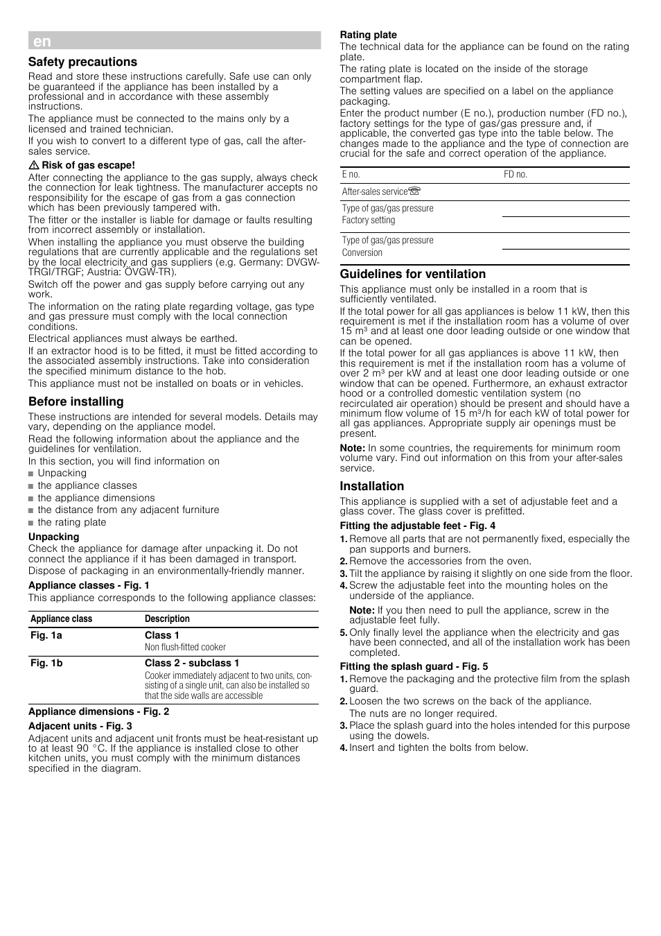 Ú installation instructions, Safety precautions, Risk of gas escape | Before installing, Unpacking, Appliance classes - fig. 1, Appliance dimensions - fig. 2, Adjacent units - fig. 3, Rating plate, Guidelines for ventilation | Siemens HQ738256E User Manual | Page 6 / 16