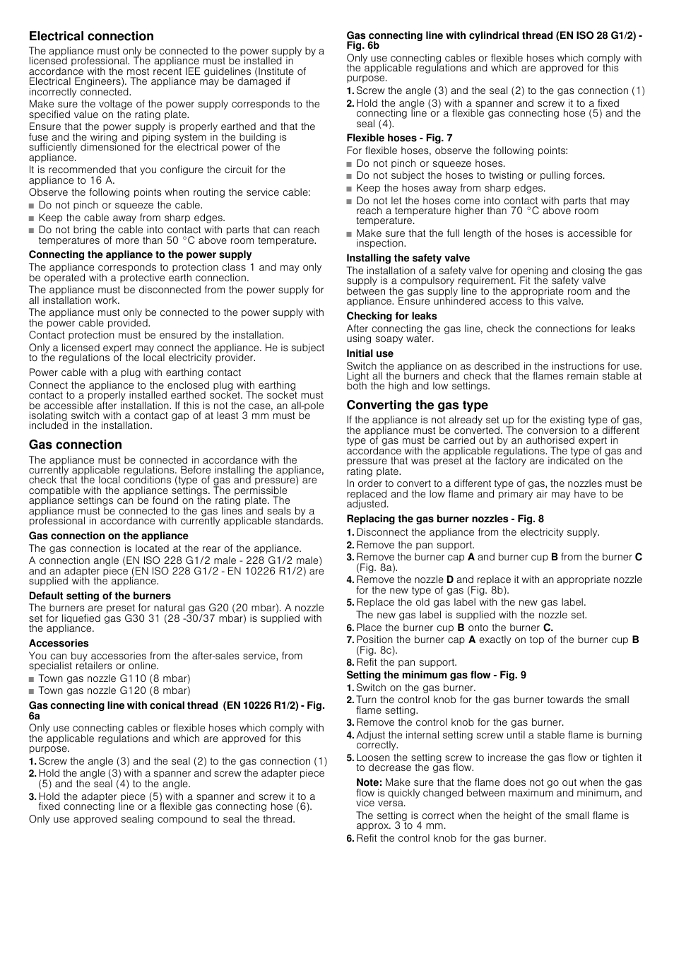 Electrical connection, Connecting the appliance to the power supply, Power cable with a plug with earthing contact | Gas connection, Gas connection on the appliance, Default setting of the burners, Accessories, Flexible hoses - fig. 7, Installing the safety valve, Checking for leaks | Siemens HQ738256E User Manual | Page 7 / 16