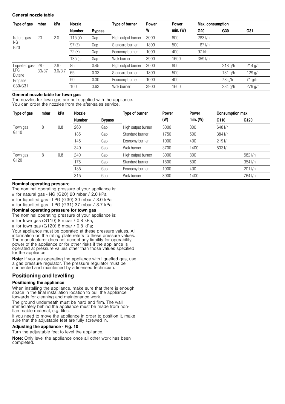 General nozzle table, General nozzle table for town gas, Note | Positioning and levelling, Positioning the appliance, Adjusting the appliance - fig. 10 | Siemens HQ738256E User Manual | Page 8 / 16