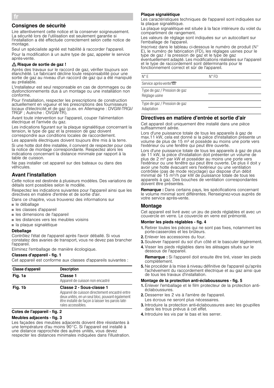 Þ notice de montage, Consignes de sécurité, Risque de sortie de gaz | Avant l'installation, Déballage, Classes d'appareil - fig. 1, Cotes de l'appareil - fig. 2, Meubles adjacents - fig. 3, Plaque signalétique, Directives en matière d'entrée et sortie d'air | Siemens HQ738256E User Manual | Page 9 / 16