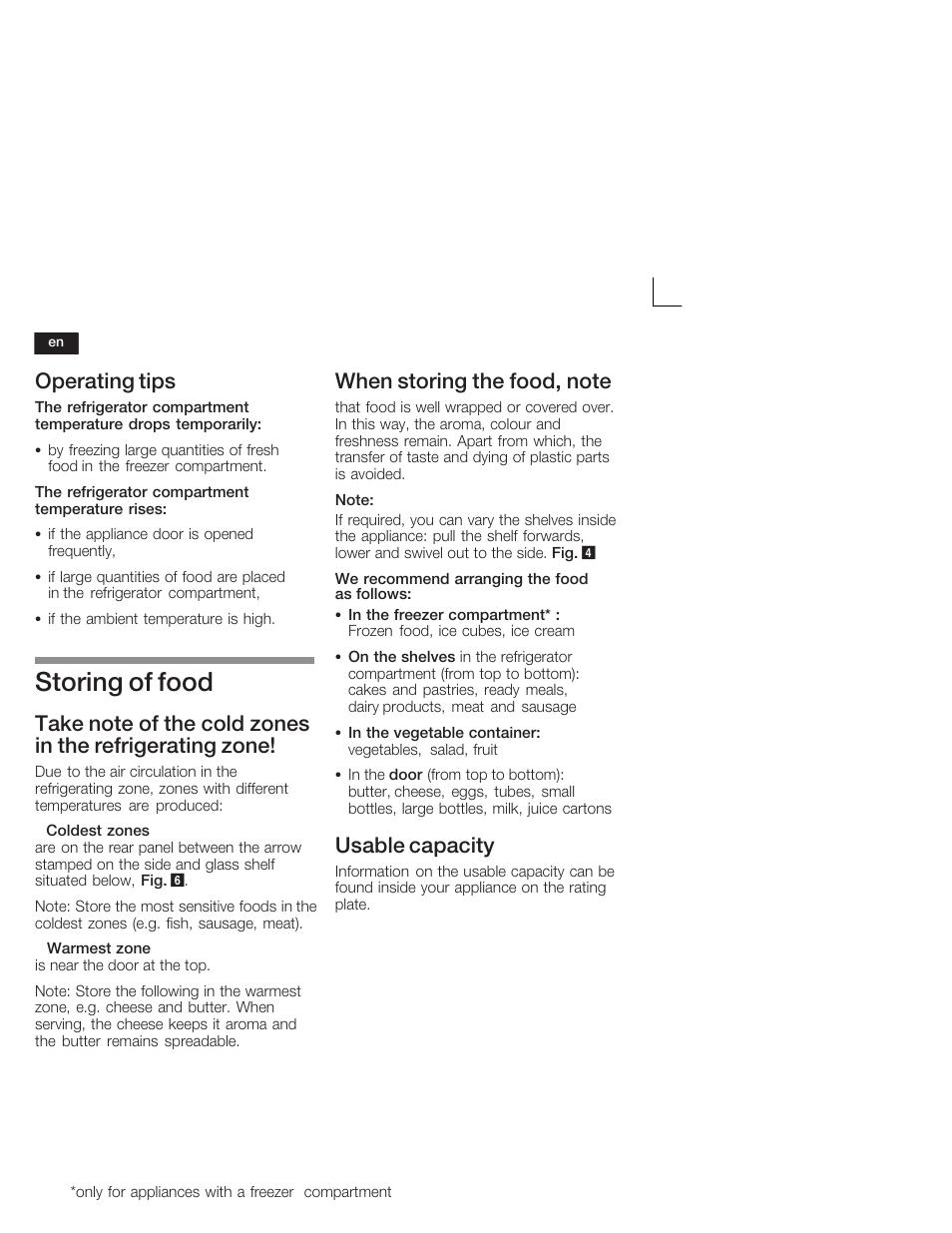 Storing of food, Operating tips, Usable capacity | Siemens KI24RV21FF User Manual | Page 20 / 74