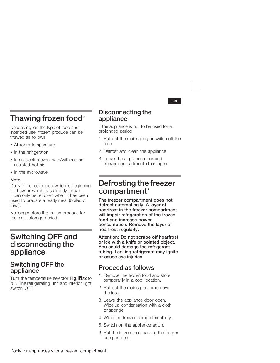 Thawing frozen food, Switching off and disconnecting the appliance, Defrosting the freezer compartment | Switching off the appliance, Disconnecting the appliance, Proceed as follows | Siemens KI24RV21FF User Manual | Page 23 / 74