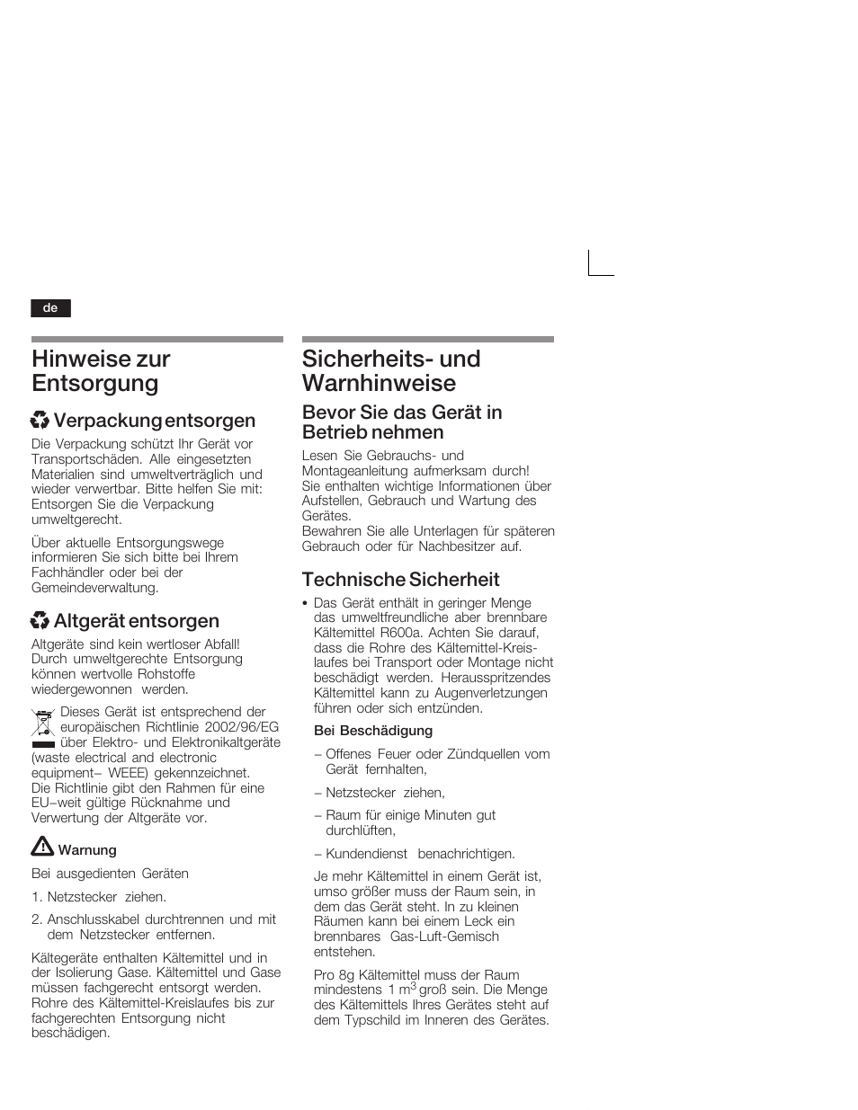 Hinweise zur entsorgung, Sicherheitsć und warnhinweise, X verpackung entsorgen | Xaltgerät entsorgen, Bevor sie das gerät in betrieb nehmen, Technische sicherheit | Siemens KI24RV21FF User Manual | Page 4 / 74