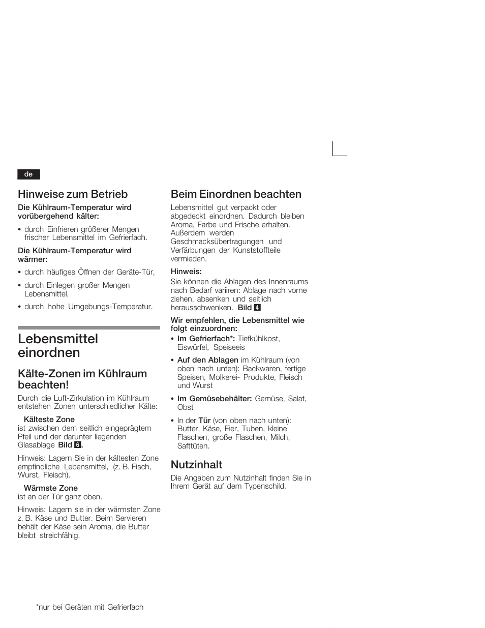 Lebensmittel einordnen, Hinweise zum betrieb, Kältećzonen im kühlraum beachten | Beim einordnen beachten, Nutzinhalt | Siemens KI24RV21FF User Manual | Page 8 / 74