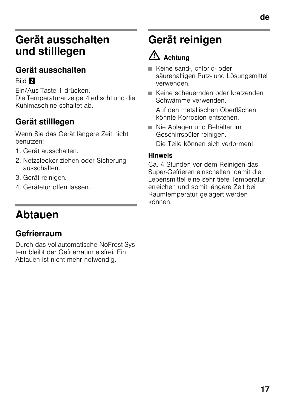 Gerät ausschalten und stilllegen, Gerät ausschalten, Gerät stilllegen | Abtauen, Gefrierraum, Gerät reinigen, De 17 | Siemens GS58NAW40 User Manual | Page 17 / 98