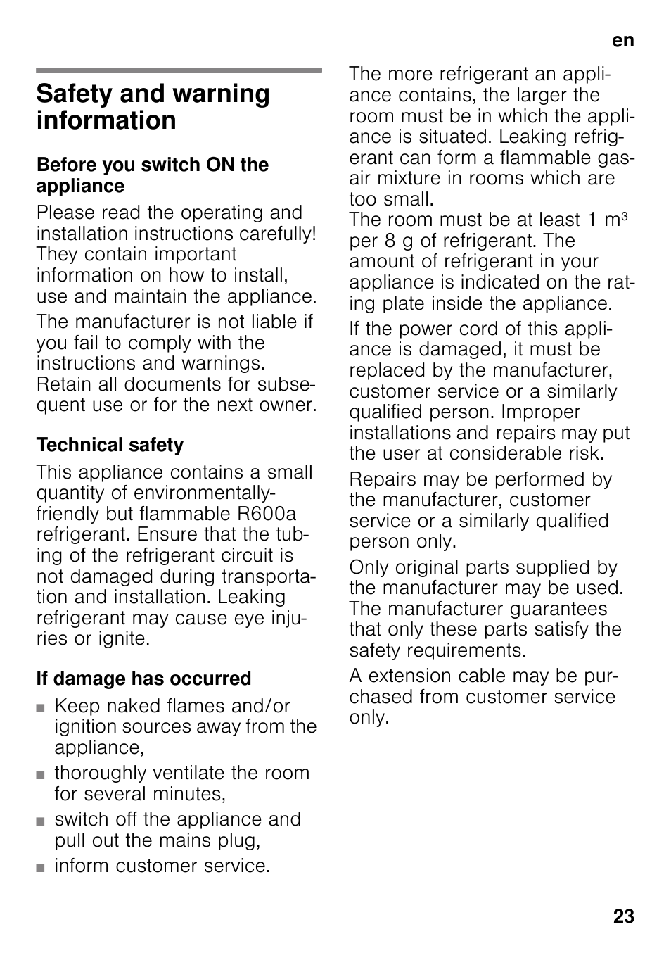 En table of contentsen instruction for use, Safety and warning information, Before you switch on the appliance | Technical safety, If damage has occurred, Instruction for use | Siemens GS58NAW40 User Manual | Page 23 / 98