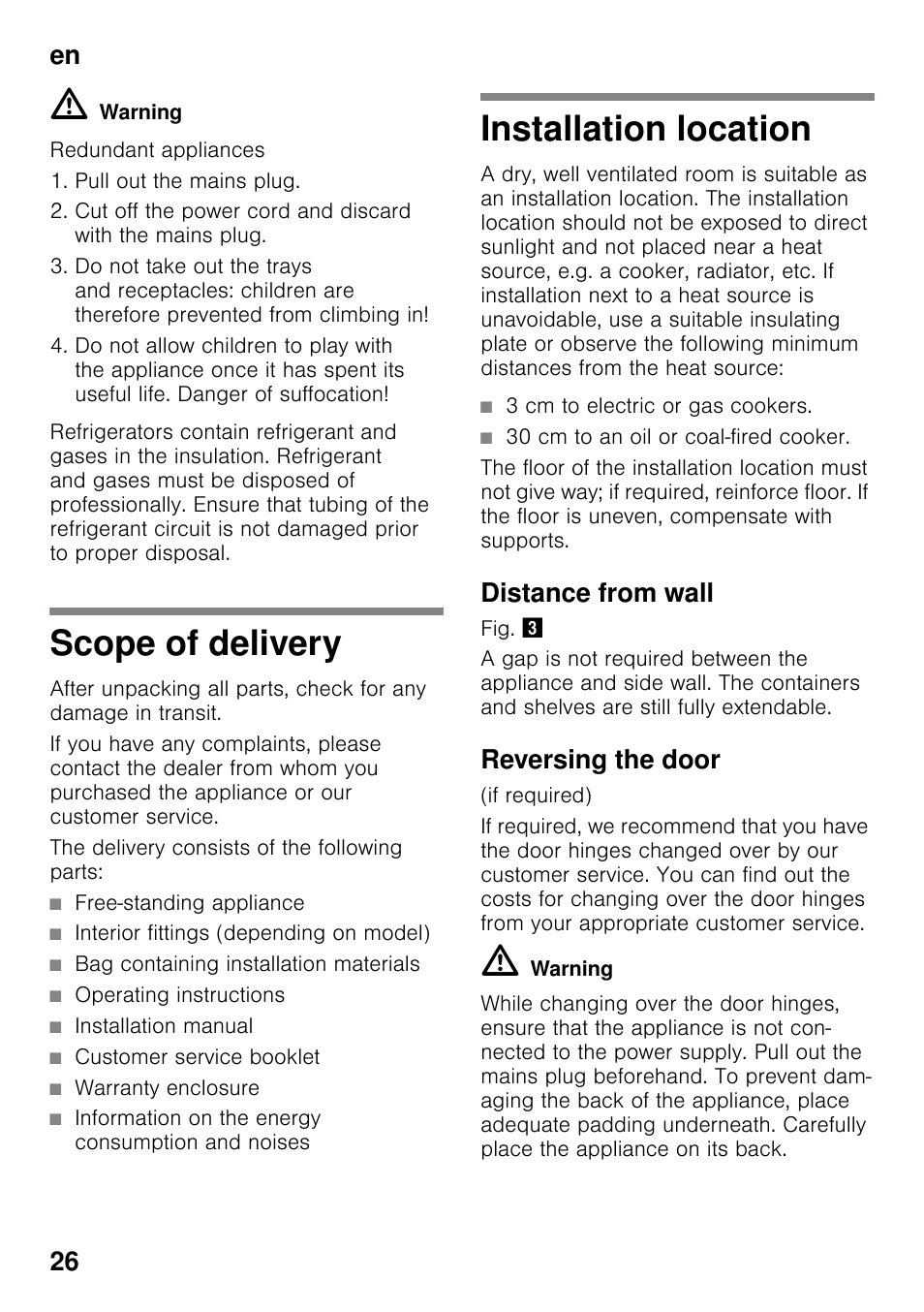 Scope of delivery, Installation location, Distance from wall | Reversing the door, Scope of delivery installation location, En 26 | Siemens GS58NAW40 User Manual | Page 26 / 98