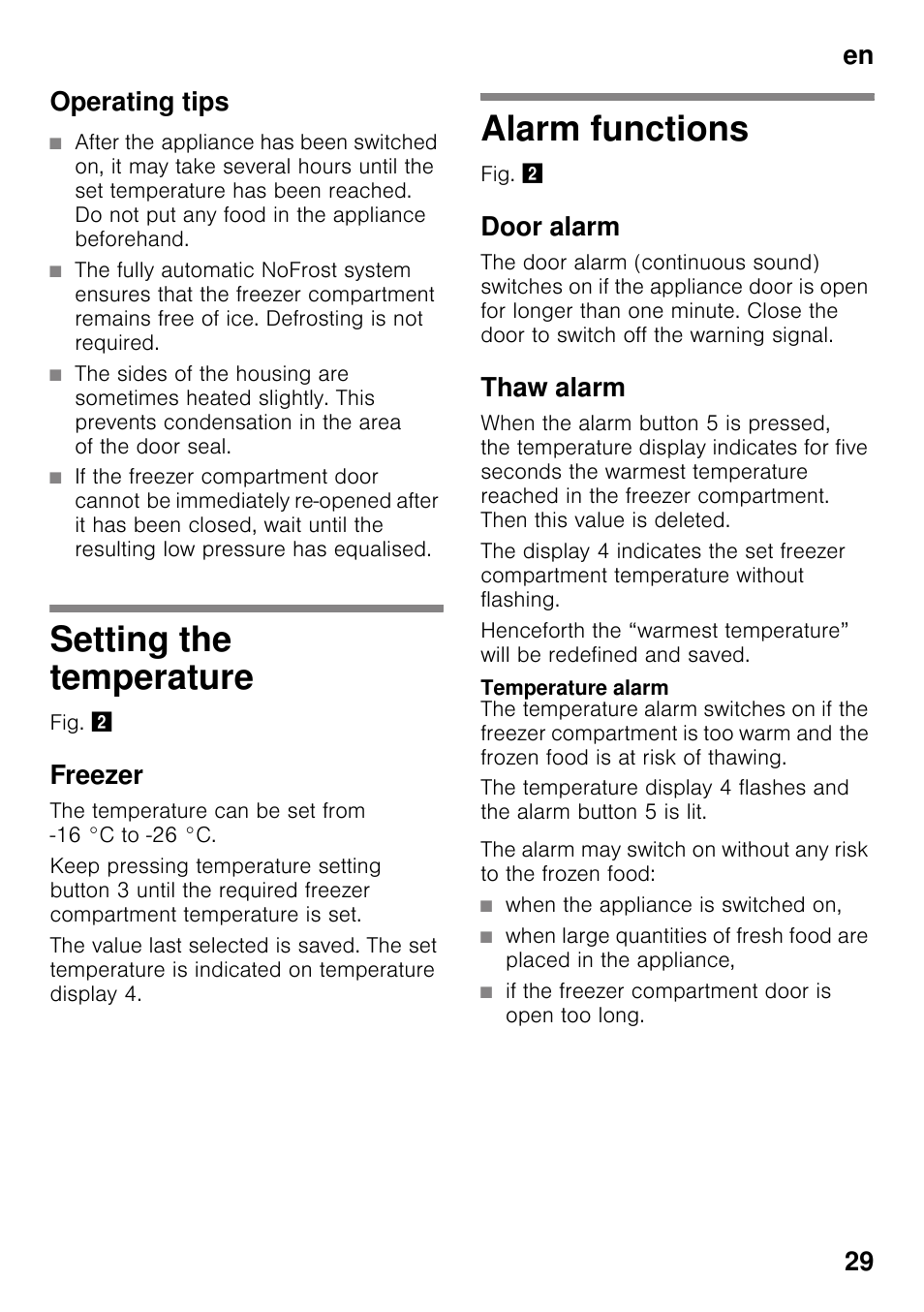 Operating tips, Setting the temperature, Freezer | Alarm functions, Door alarm, Thaw alarm, Temperature alarm, Setting the temperature alarm functions, En 29 operating tips | Siemens GS58NAW40 User Manual | Page 29 / 98