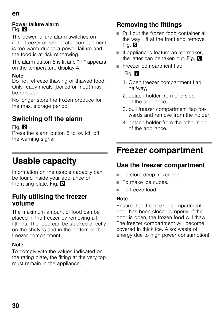 Power failure alarm, Note, Switching off the alarm | Usable capacity, Fully utilising the freezer volume, Removing the fittings, Freezer compartment, Use the freezer compartment, Usable capacity freezer compartment, En 30 | Siemens GS58NAW40 User Manual | Page 30 / 98
