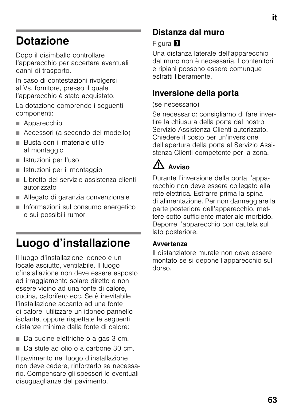 Dotazione, Luogo d’installazione, Distanza dal muro | Inversione della porta, Dotazione luogo d’installazione, It 63 | Siemens GS58NAW40 User Manual | Page 63 / 98