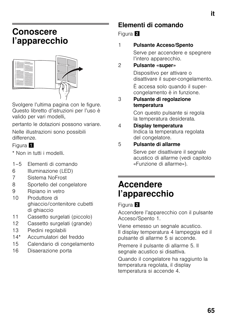 Conoscere l’apparecchio, Elementi di comando, Accendere l’apparecchio | Conoscere l’apparecchio accendere l’apparecchio, It 65 | Siemens GS58NAW40 User Manual | Page 65 / 98