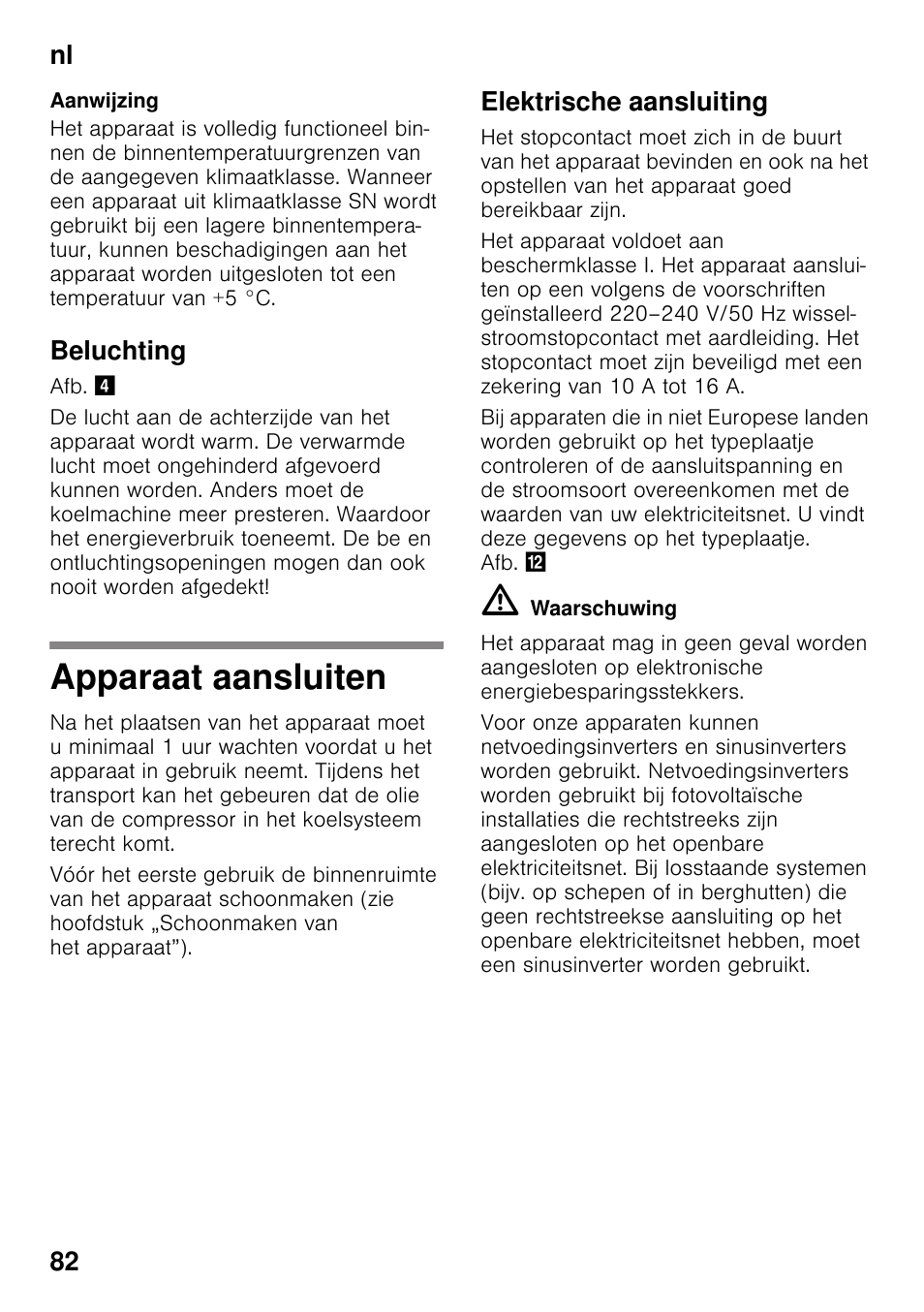 Beluchting, Apparaat aansluiten, Elektrische aansluiting | Nl 82 | Siemens GS58NAW40 User Manual | Page 82 / 98