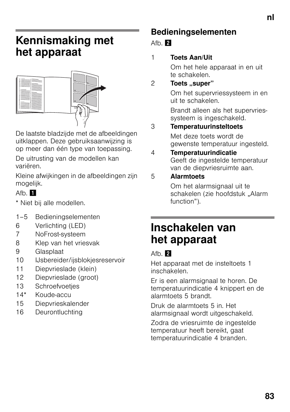 Kennismaking met het apparaat, Bedieningselementen, Inschakelen van het apparaat | Nl 83 | Siemens GS58NAW40 User Manual | Page 83 / 98