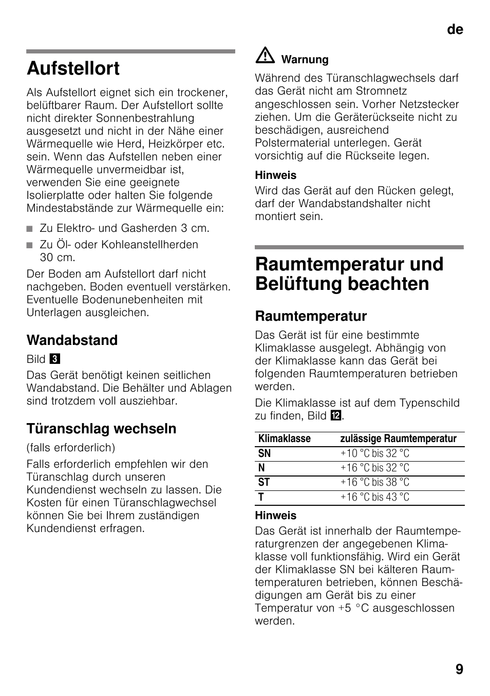 Aufstellort, Wandabstand, Türanschlag wechseln | Raumtemperatur und belüftung beachten, Raumtemperatur, Beachten, De 9 | Siemens GS58NAW40 User Manual | Page 9 / 98