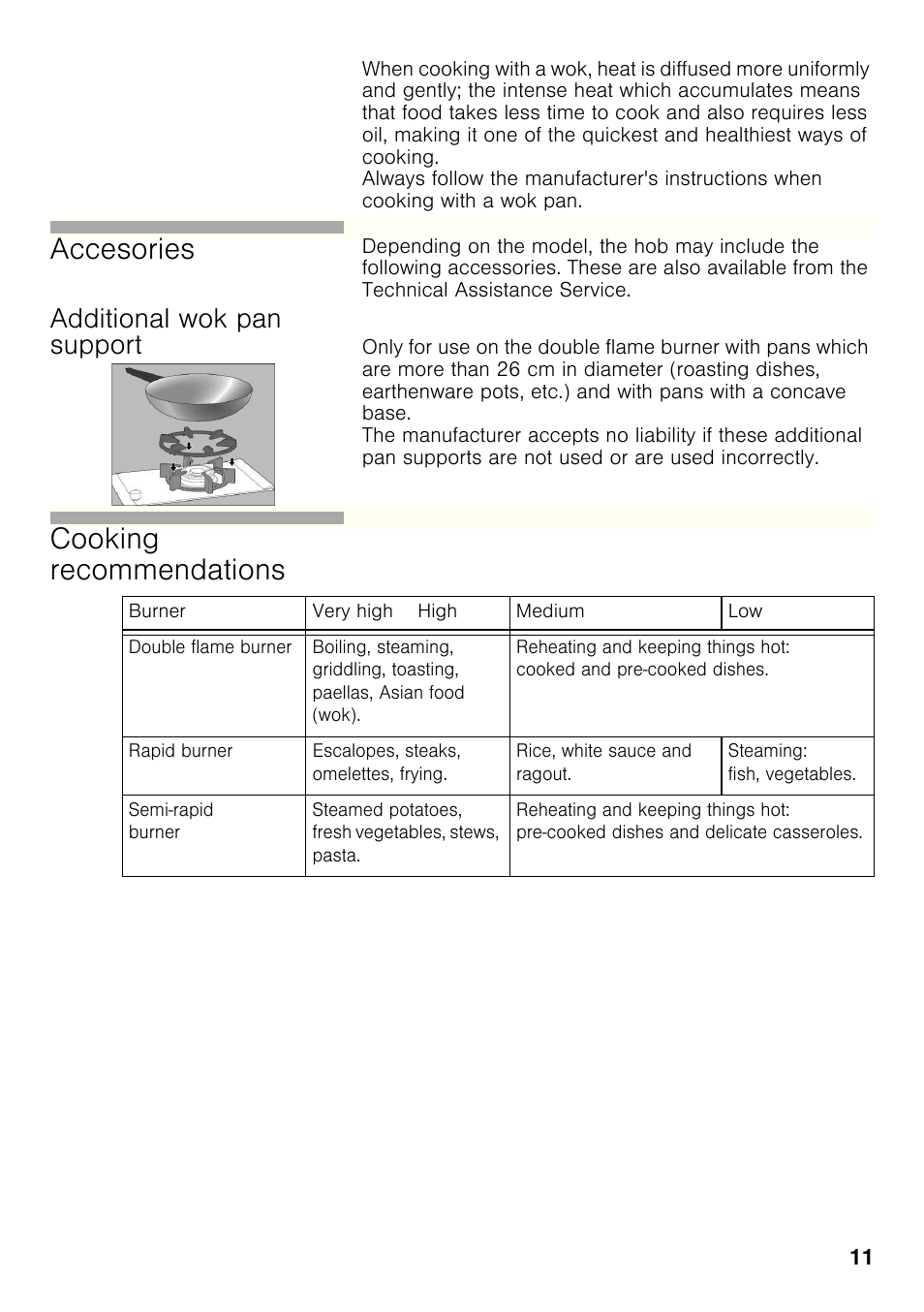 Additional wok pan support, Accesories, Cooking recommendations | Siemens ER326AB70E User Manual | Page 10 / 105
