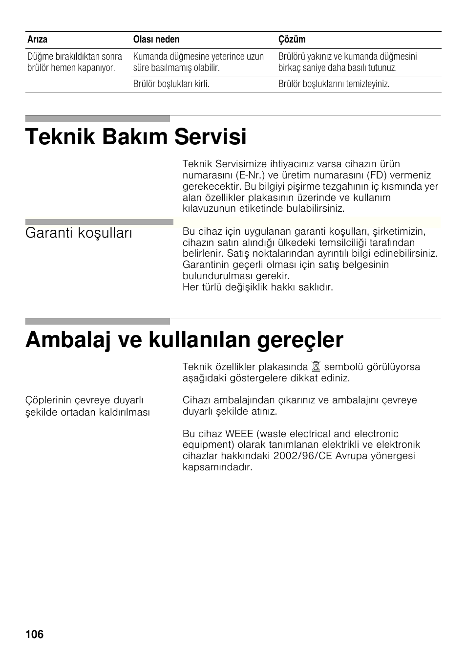 Teknik bakım servisi, Ambalaj ve kullanılan gereçler, Garanti ko ulları | Siemens ER326AB70E User Manual | Page 105 / 105