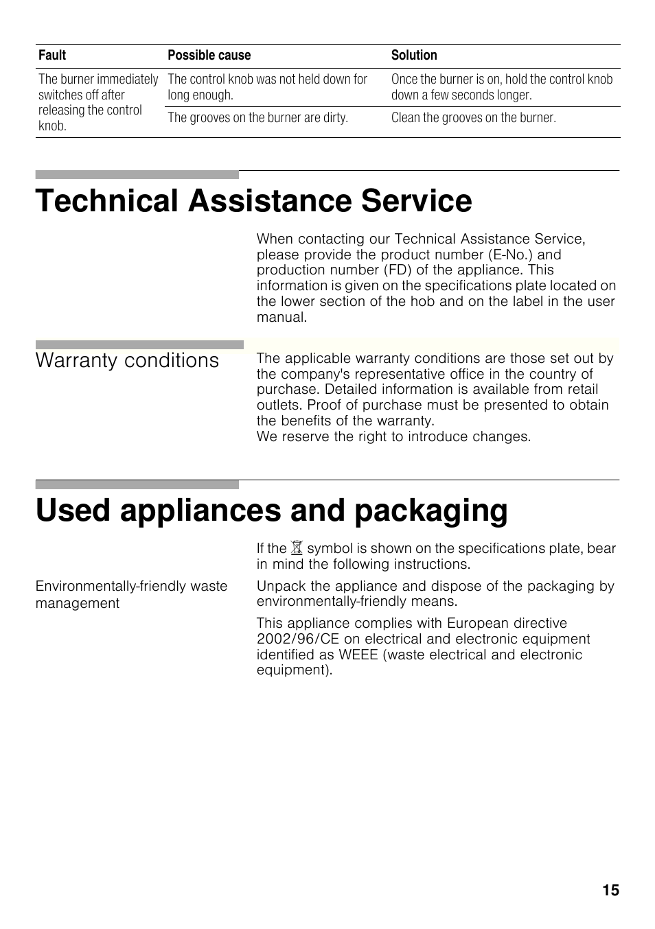 Environmentally-friendly waste management, Technical assistance service, Used appliances and packaging | Warranty conditions | Siemens ER326AB70E User Manual | Page 14 / 105