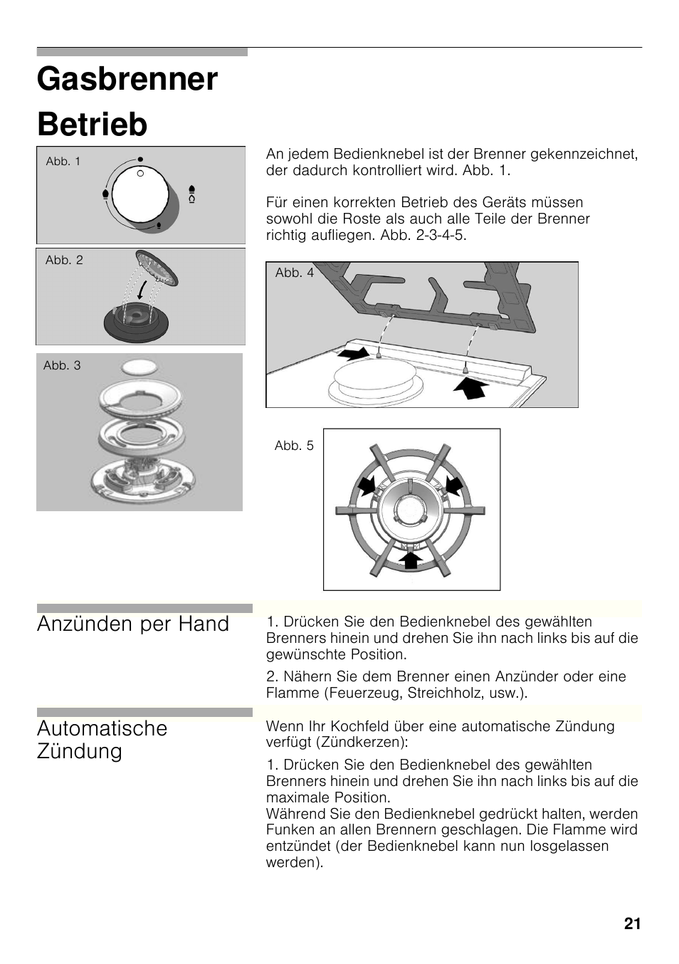 Betrieb, Gasbrenner betrieb, Anzünden per hand | Automatische zündung | Siemens ER326AB70E User Manual | Page 20 / 105