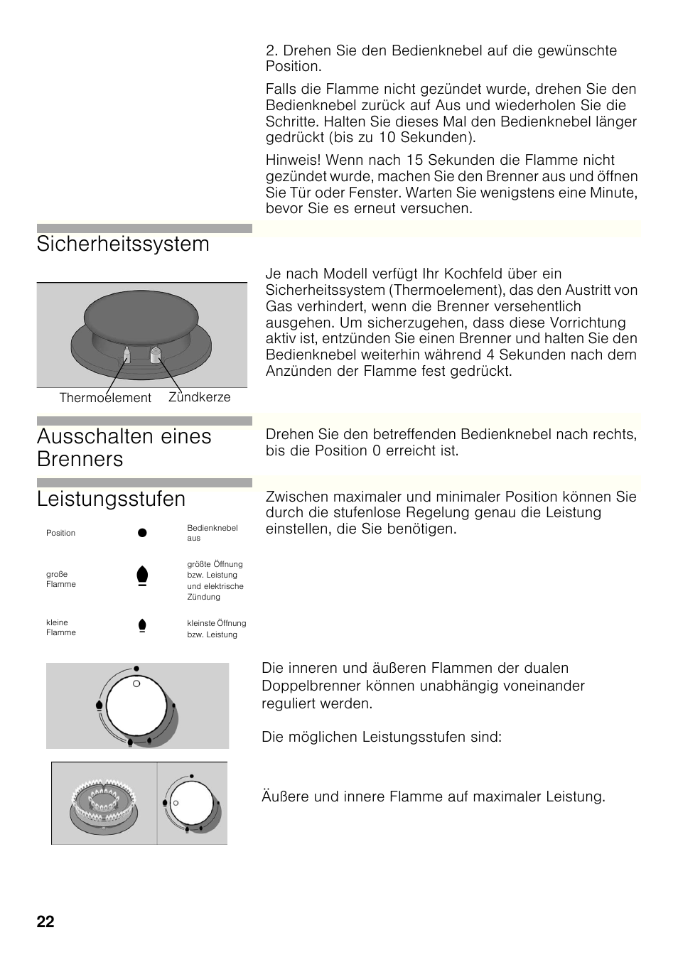 Sicherheitssystem, Ausschalten eines brenners, Leistungsstufen | Siemens ER326AB70E User Manual | Page 21 / 105