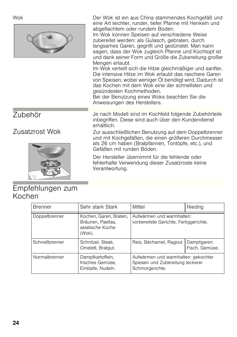 Zusatzrost wok, Zubehör, Empfehlungen zum kochen | Siemens ER326AB70E User Manual | Page 23 / 105