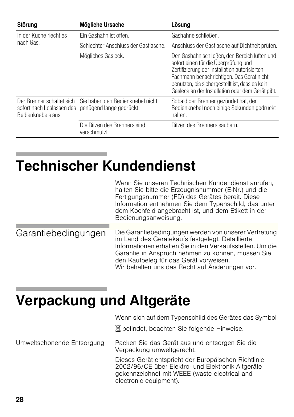 Umweltschonende entsorgung, Technischer kundendienst, Verpackung und altgeräte | Garantiebedingungen | Siemens ER326AB70E User Manual | Page 27 / 105