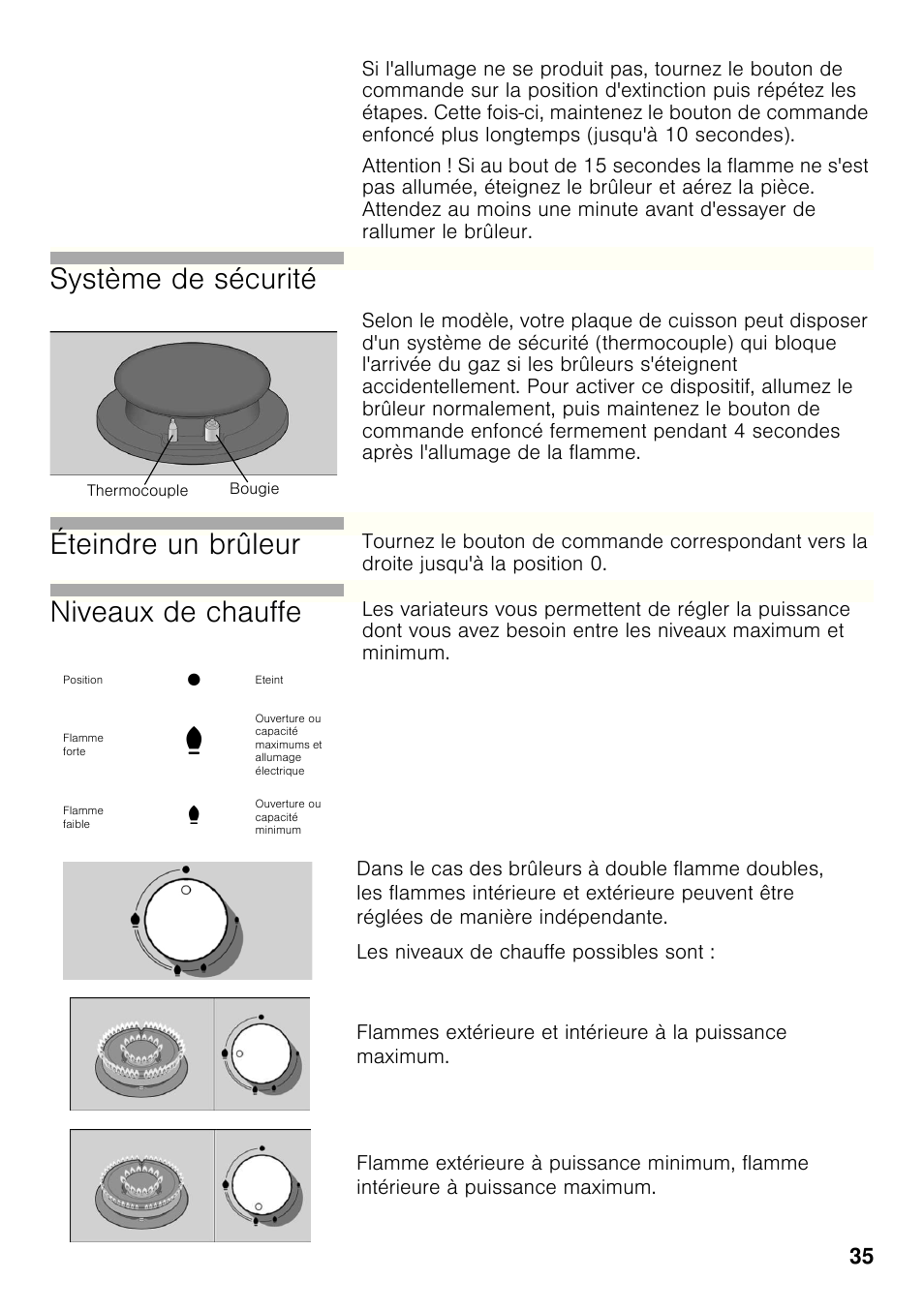 Système de sécurité, Éteindre un brûleur, Niveaux de chauffe | Siemens ER326AB70E User Manual | Page 34 / 105