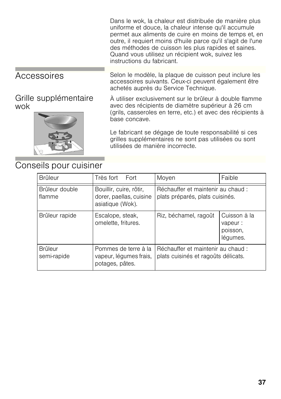 Grille supplémentaire wok, Accessoires, Conseils pour cuisiner | Siemens ER326AB70E User Manual | Page 36 / 105