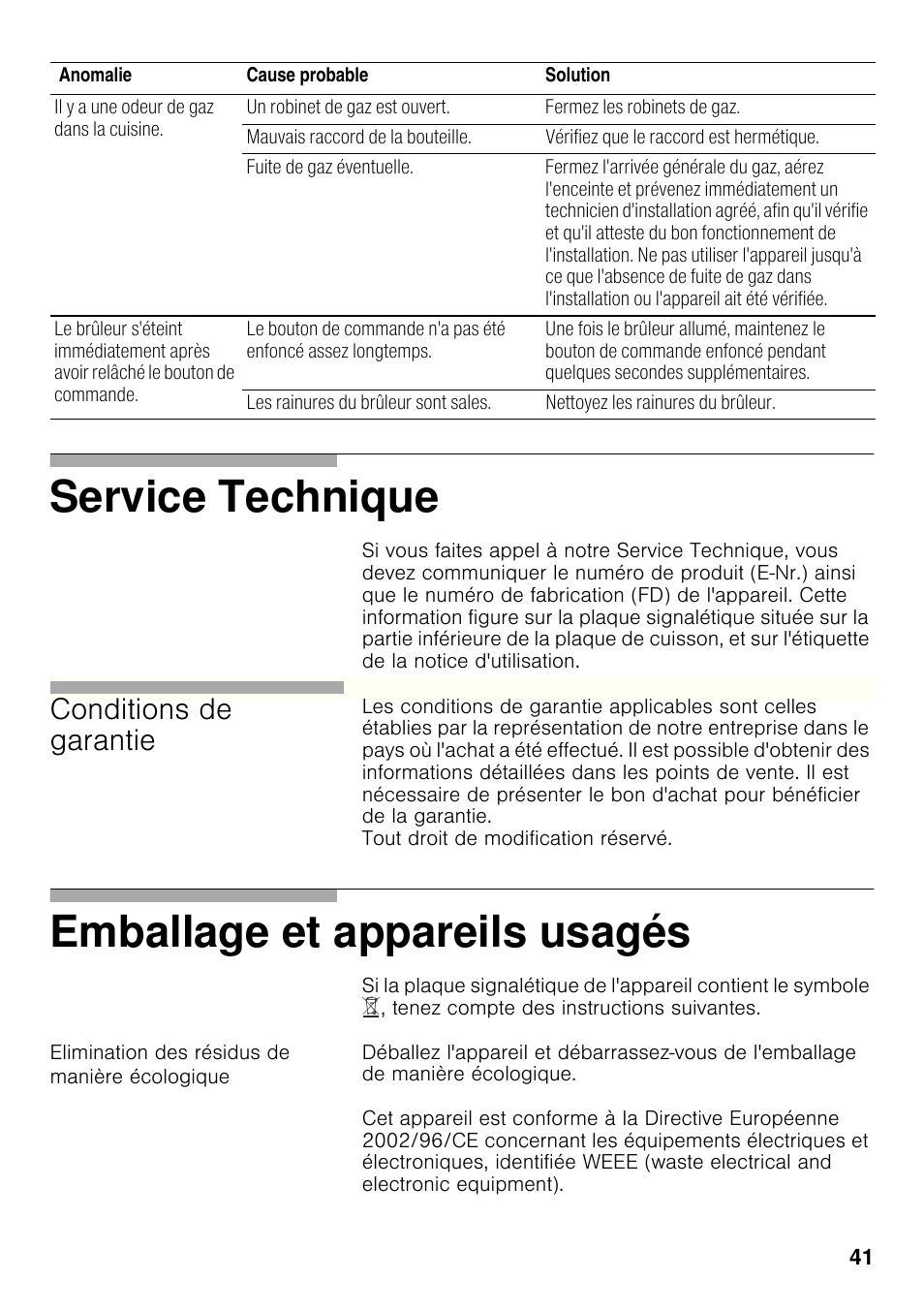 Elimination des résidus de manière écologique, Service technique, Emballage et appareils usagés | Conditions de garantie | Siemens ER326AB70E User Manual | Page 40 / 105