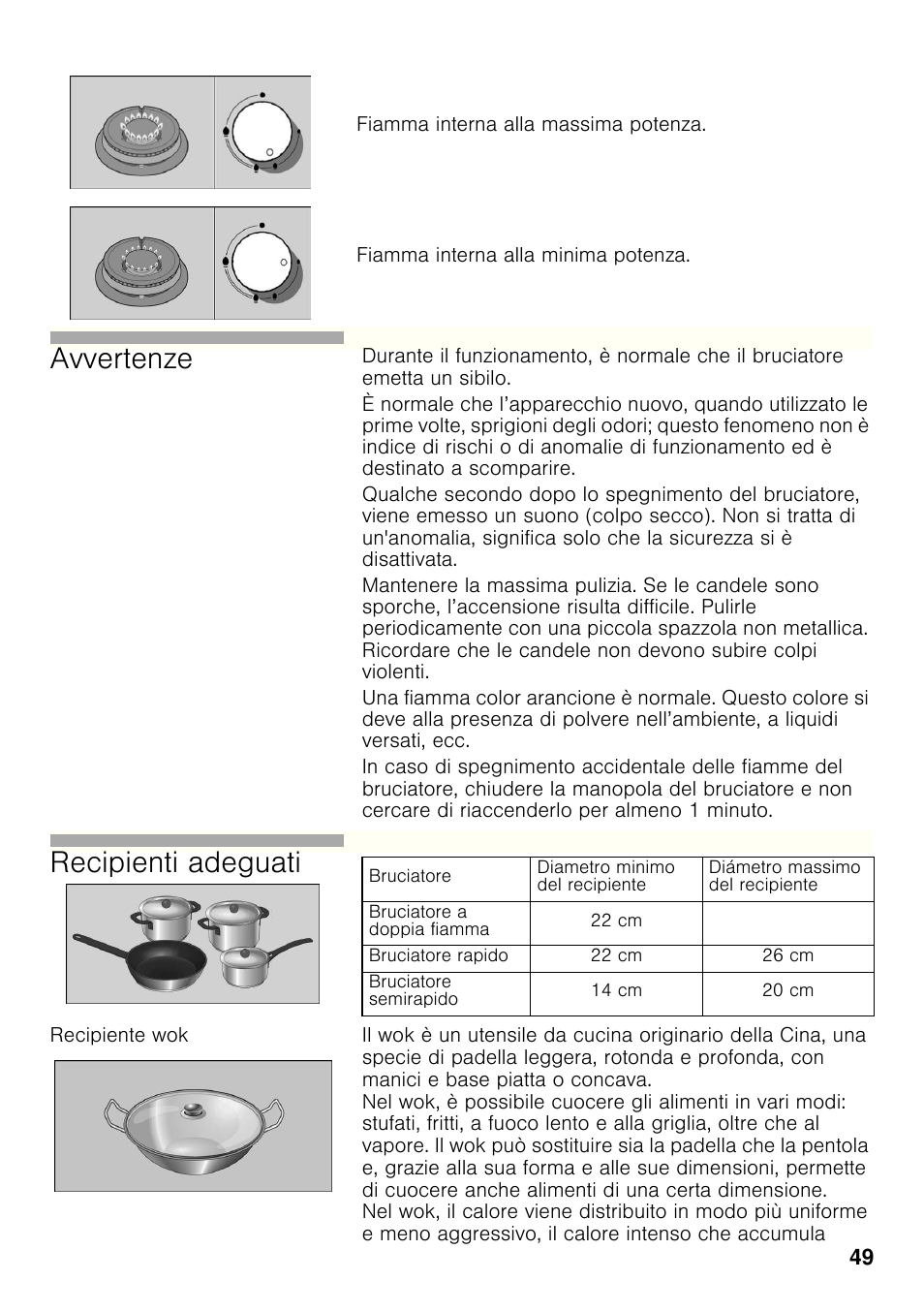 Recipiente wok, Avvertenze, Recipienti adeguati | Siemens ER326AB70E User Manual | Page 48 / 105