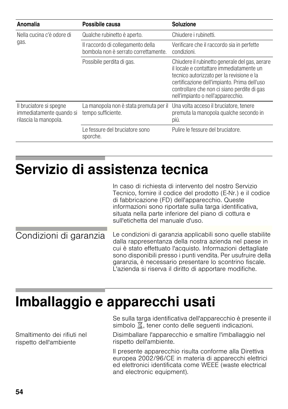 Smaltimento dei rifiuti nel rispetto dell'ambiente, Servizio di assistenza tecnica, Imballaggio e apparecchi usati | Condizioni di garanzia | Siemens ER326AB70E User Manual | Page 53 / 105