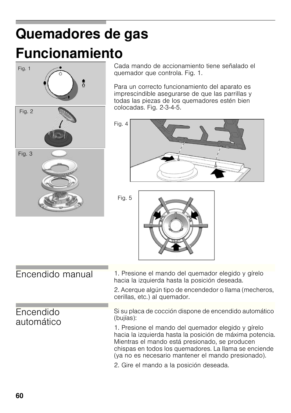 Funcionamiento, Quemadores de gas funcionamiento, Encendido manual | Encendido automático | Siemens ER326AB70E User Manual | Page 59 / 105