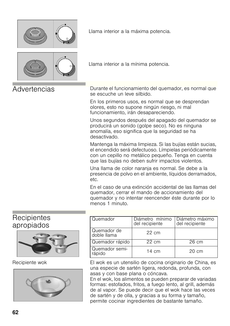 Recipiente wok, Advertencias, Recipientes apropiados | Siemens ER326AB70E User Manual | Page 61 / 105