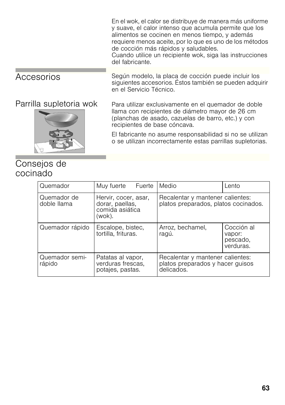 Parrilla supletoria wok, Accesorios, Consejos de cocinado | Siemens ER326AB70E User Manual | Page 62 / 105