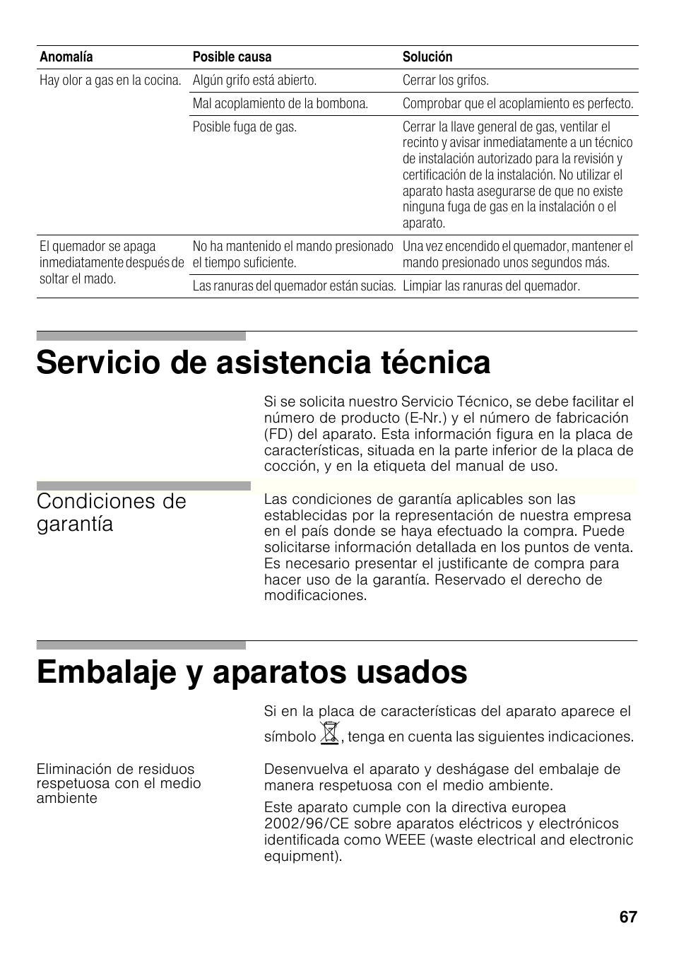 Servicio de asistencia técnica, Embalaje y aparatos usados, Condiciones de garantía | Siemens ER326AB70E User Manual | Page 66 / 105