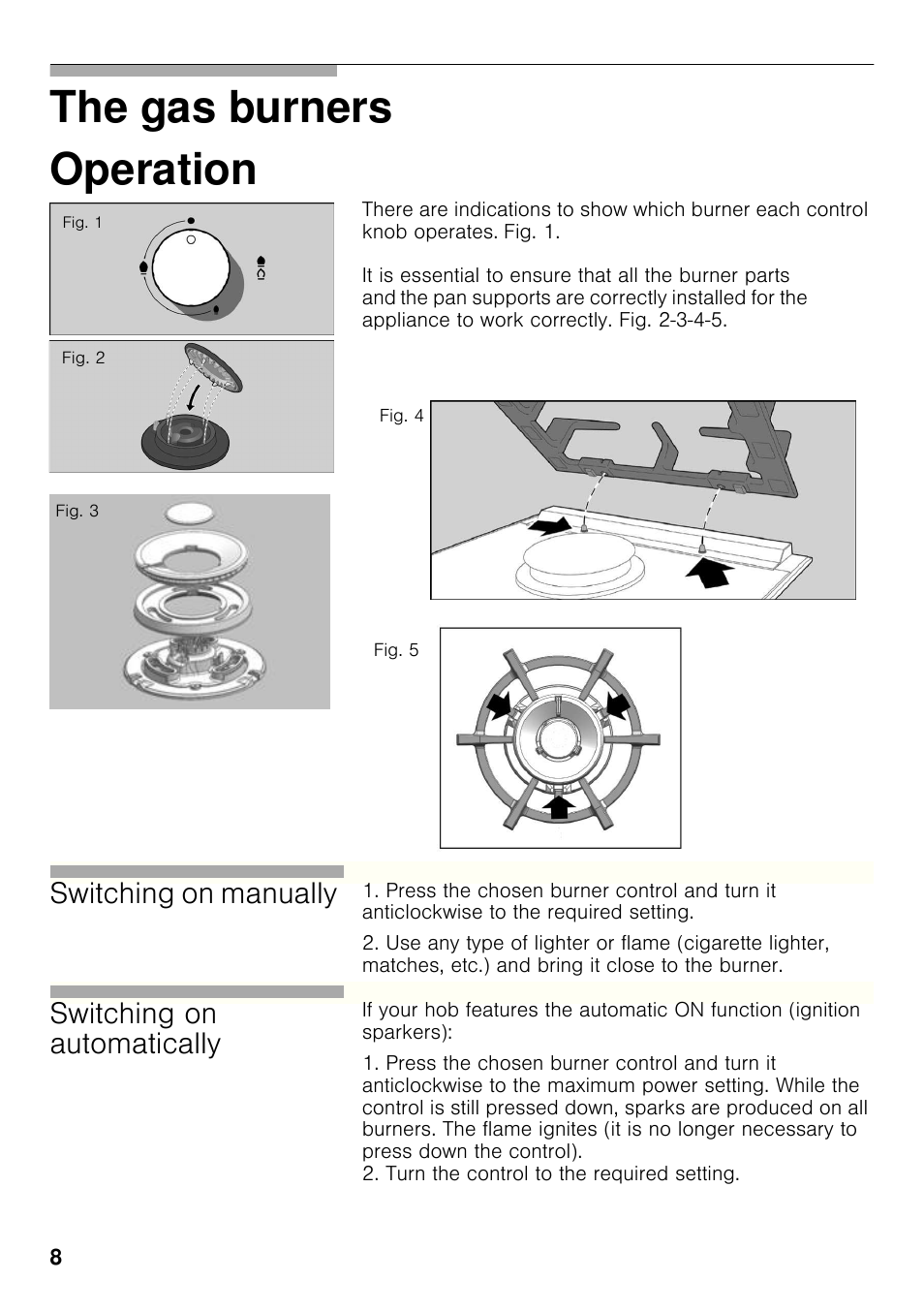 Operation, The gas burners operation, Switching on manually | Switching on automatically | Siemens ER326AB70E User Manual | Page 7 / 105