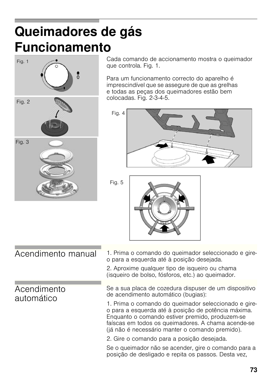 Funcionamento, Queimadores de gás funcionamento, Acendimento manual | Acendimento automático | Siemens ER326AB70E User Manual | Page 72 / 105