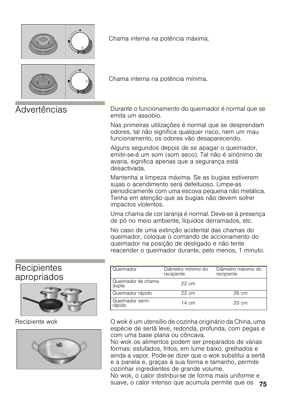 Recipiente wok, Advertências, Recipientes apropriados | Siemens ER326AB70E User Manual | Page 74 / 105