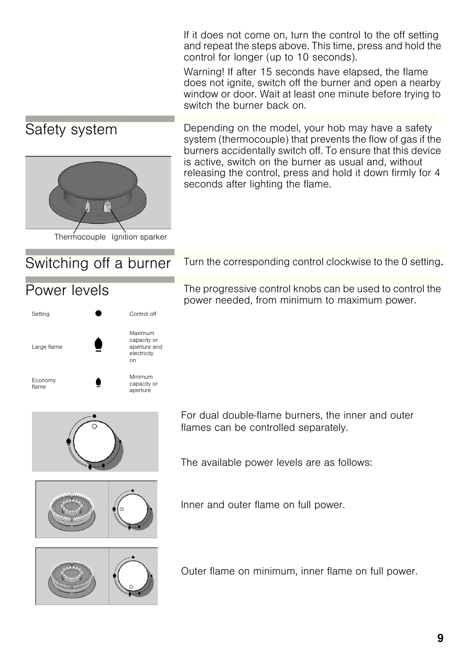 Safety system, Switching off a burner, Power levels | Siemens ER326AB70E User Manual | Page 8 / 105