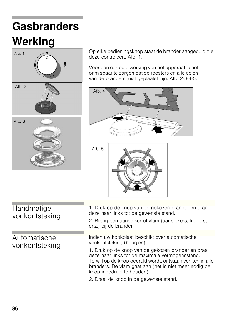 Werking, Gasbranders werking, Handmatige vonkontsteking | Automatische vonkontsteking | Siemens ER326AB70E User Manual | Page 85 / 105