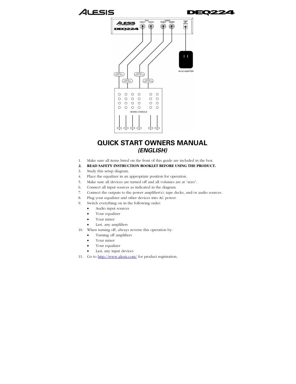 Quick start owners manual, English) | ALESIS DEQ224 User Manual | Page 2 / 11