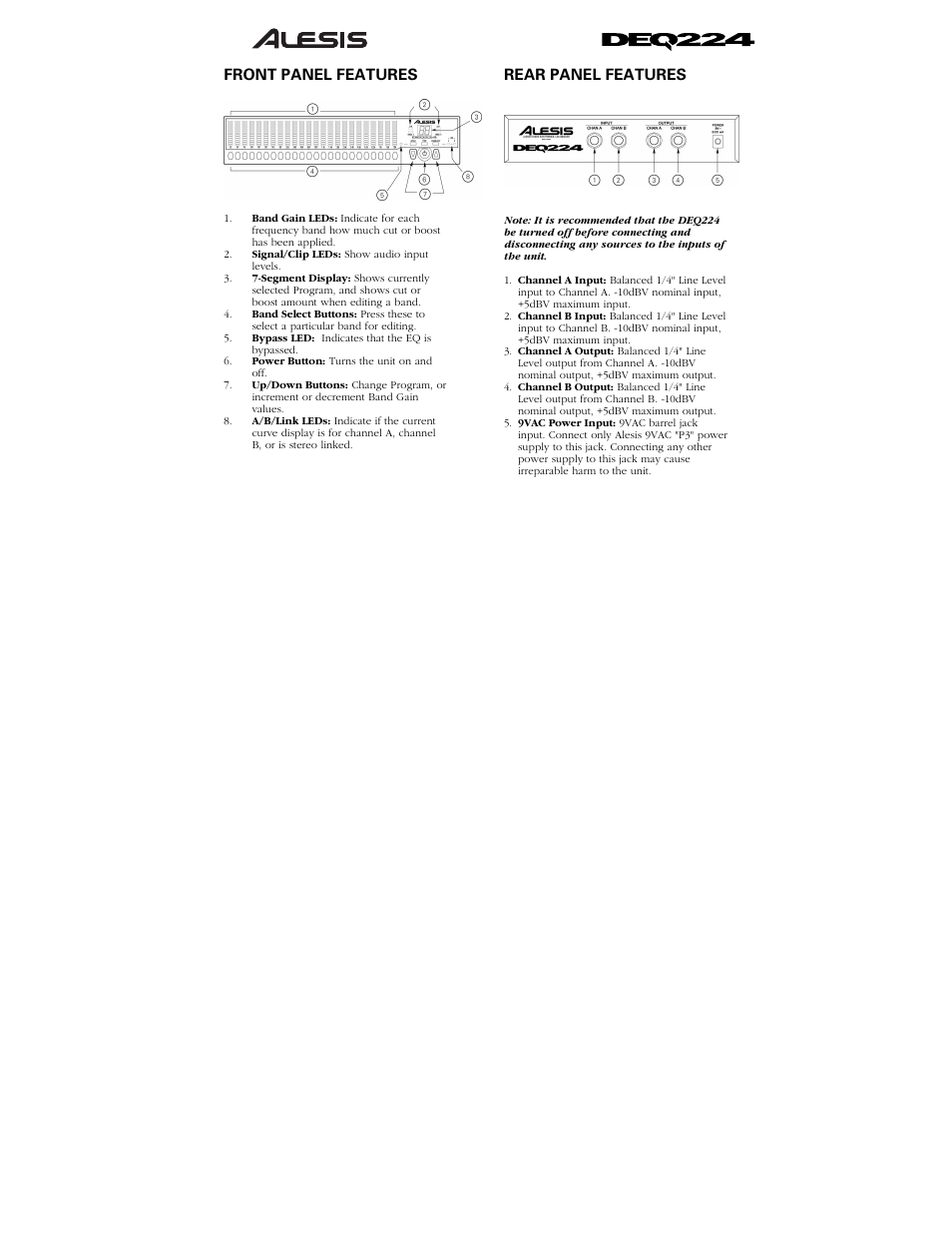 Front panel features, Rear panel features | ALESIS DEQ224 User Manual | Page 3 / 11