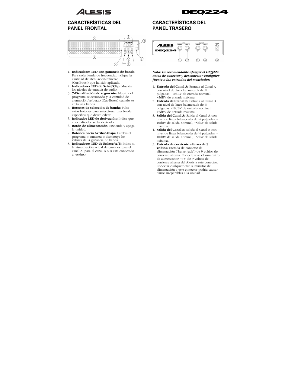 Características del panel frontal, Características del panel trasero | ALESIS DEQ224 User Manual | Page 5 / 11
