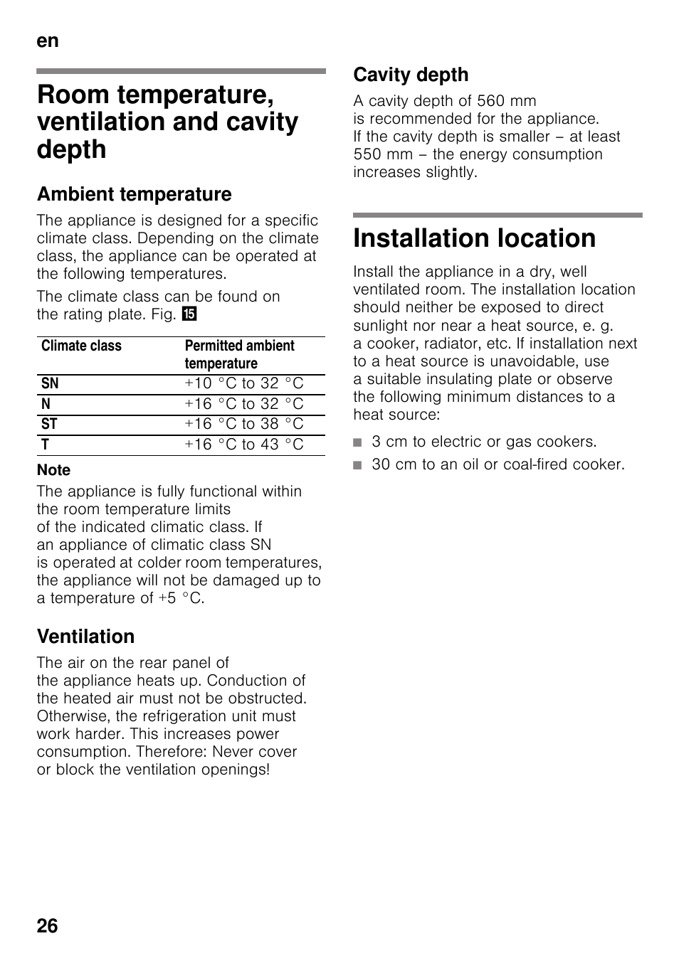 Room temperature, ventilation and cavity depth, Ambient temperature, Ventilation | Cavity depth, Installation location, 3 cm to electric or gas cookers, 30 cm to an oil or coal-fired cooker, En 26 | Siemens KI32LAD30 User Manual | Page 26 / 106