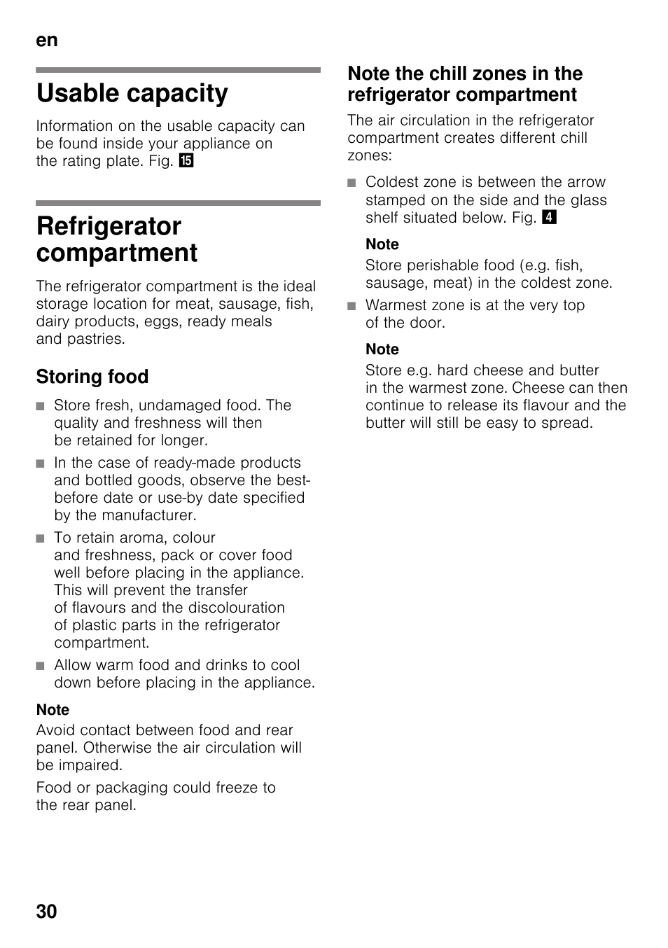 Usable capacity, Refrigerator compartment, Storing food | Note, Warmest zone is at the very top of the door, En 30 | Siemens KI32LAD30 User Manual | Page 30 / 106