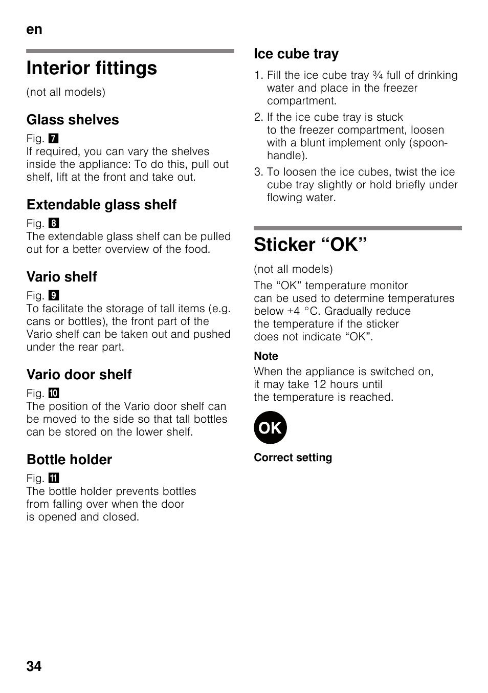 Interior fittings, Glass shelves, Extendable glass shelf | Vario shelf, Vario door shelf, Bottle holder, Ice cube tray, Sticker “ok, En 34 | Siemens KI32LAD30 User Manual | Page 34 / 106