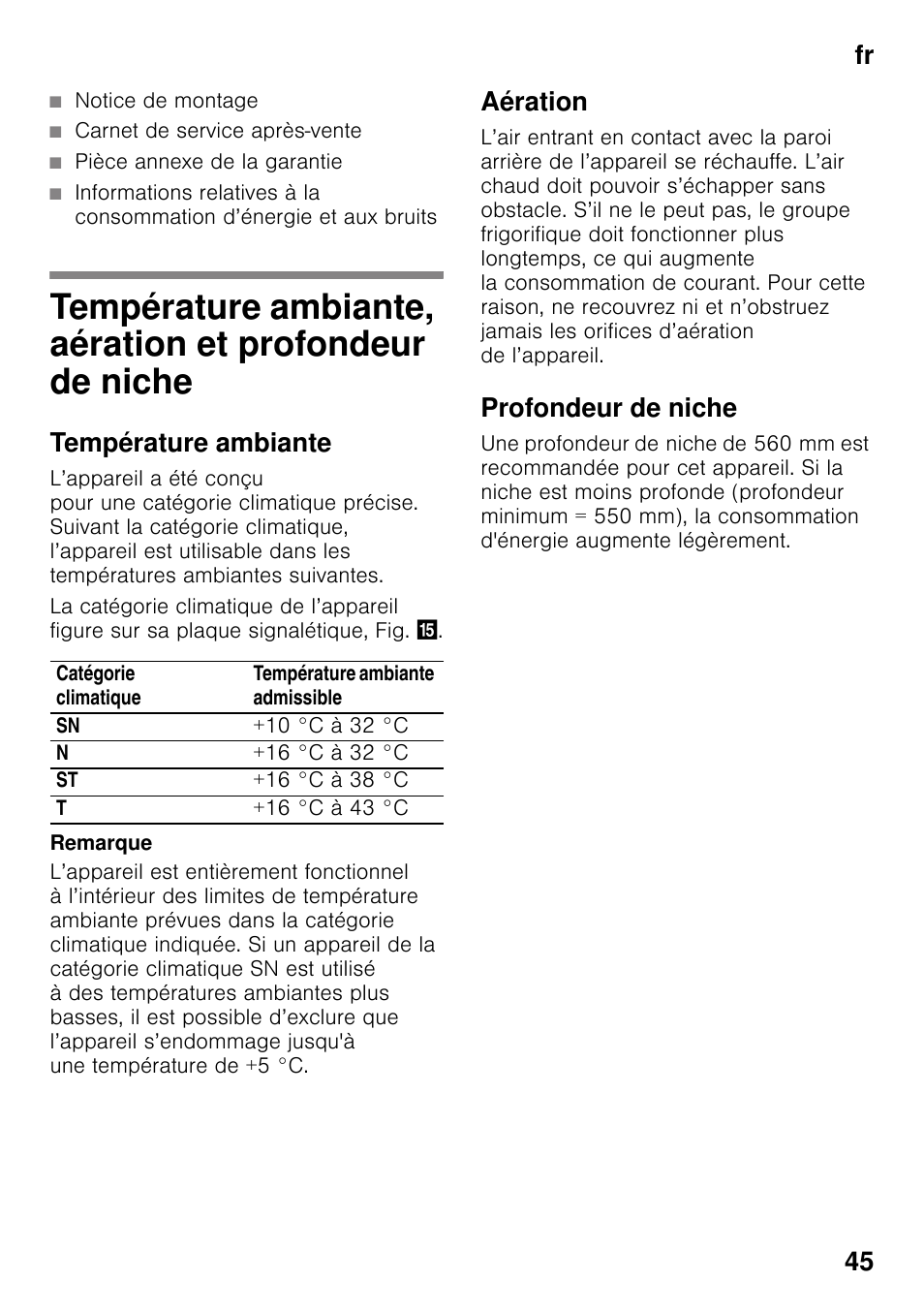 Notice de montage, Carnet de service après-vente, Pièce annexe de la garantie | Température ambiante, Aération, Profondeur de niche, Fr 45 | Siemens KI32LAD30 User Manual | Page 45 / 106