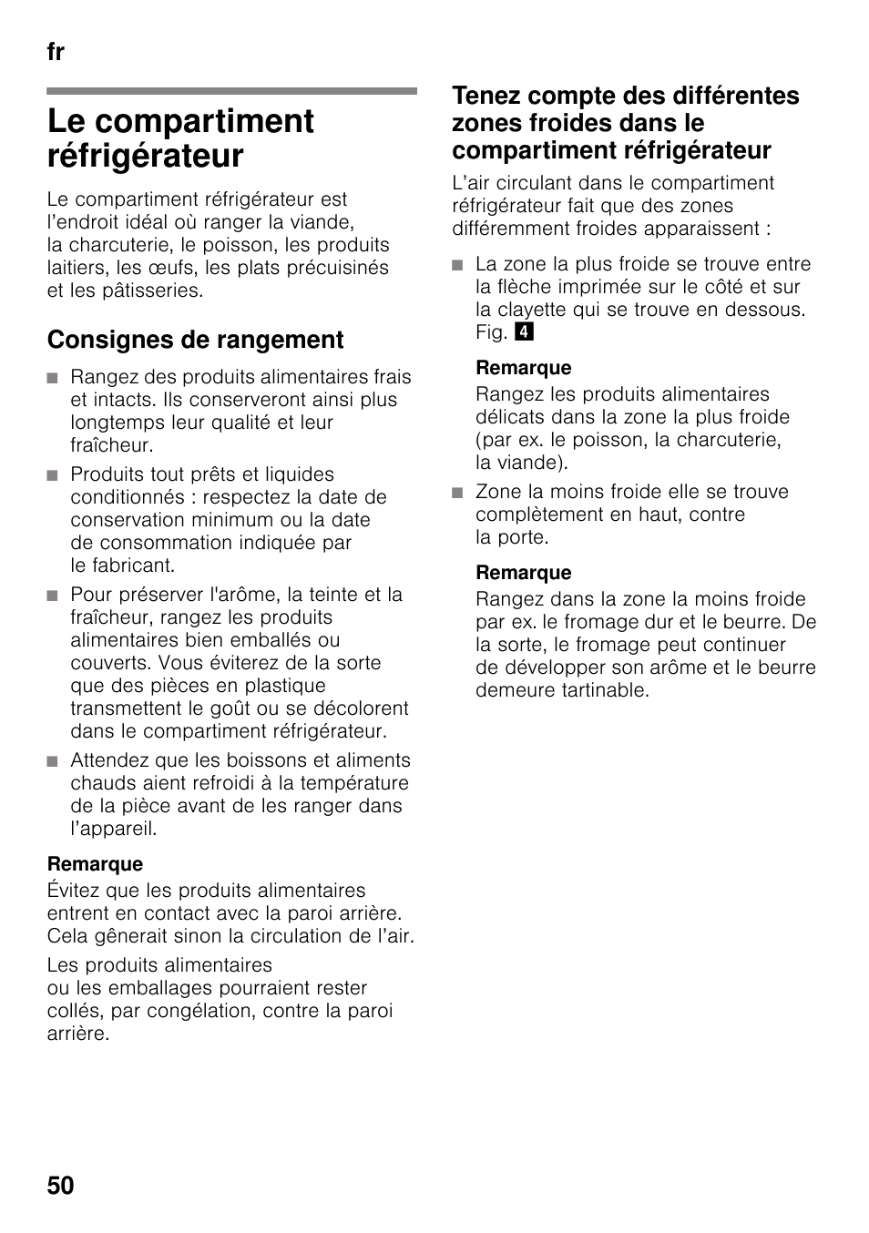 Le compartiment réfrigérateur, Consignes de rangement, Remarque | Fr 50 | Siemens KI32LAD30 User Manual | Page 50 / 106