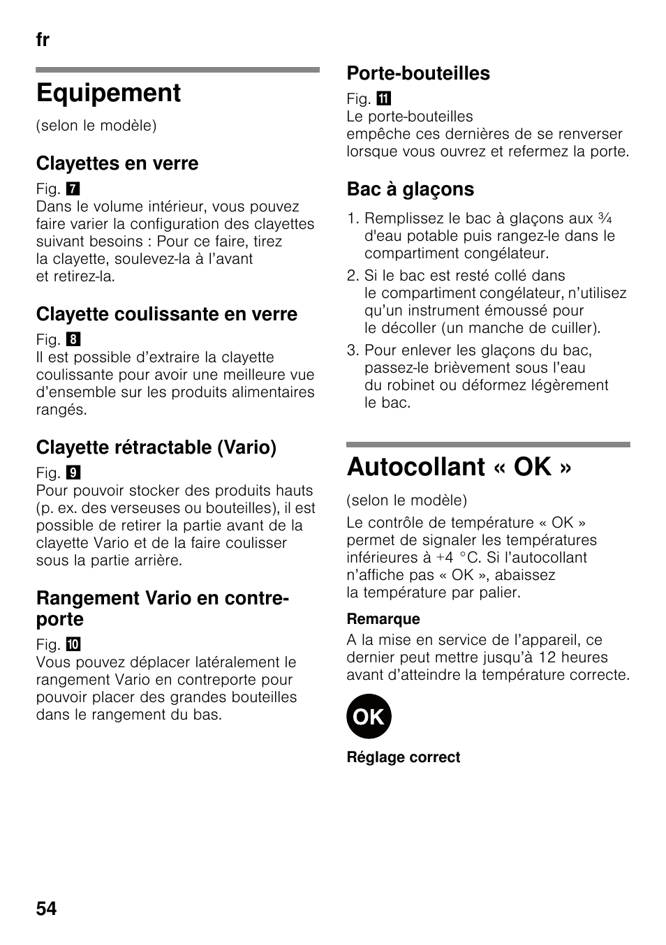 Equipement, Clayettes en verre, Clayette coulissante en verre | Clayette rétractable (vario), Rangement vario en contre- porte, Porte-bouteilles, Bac à glaçons, Autocollant « ok, Fr 54 | Siemens KI32LAD30 User Manual | Page 54 / 106