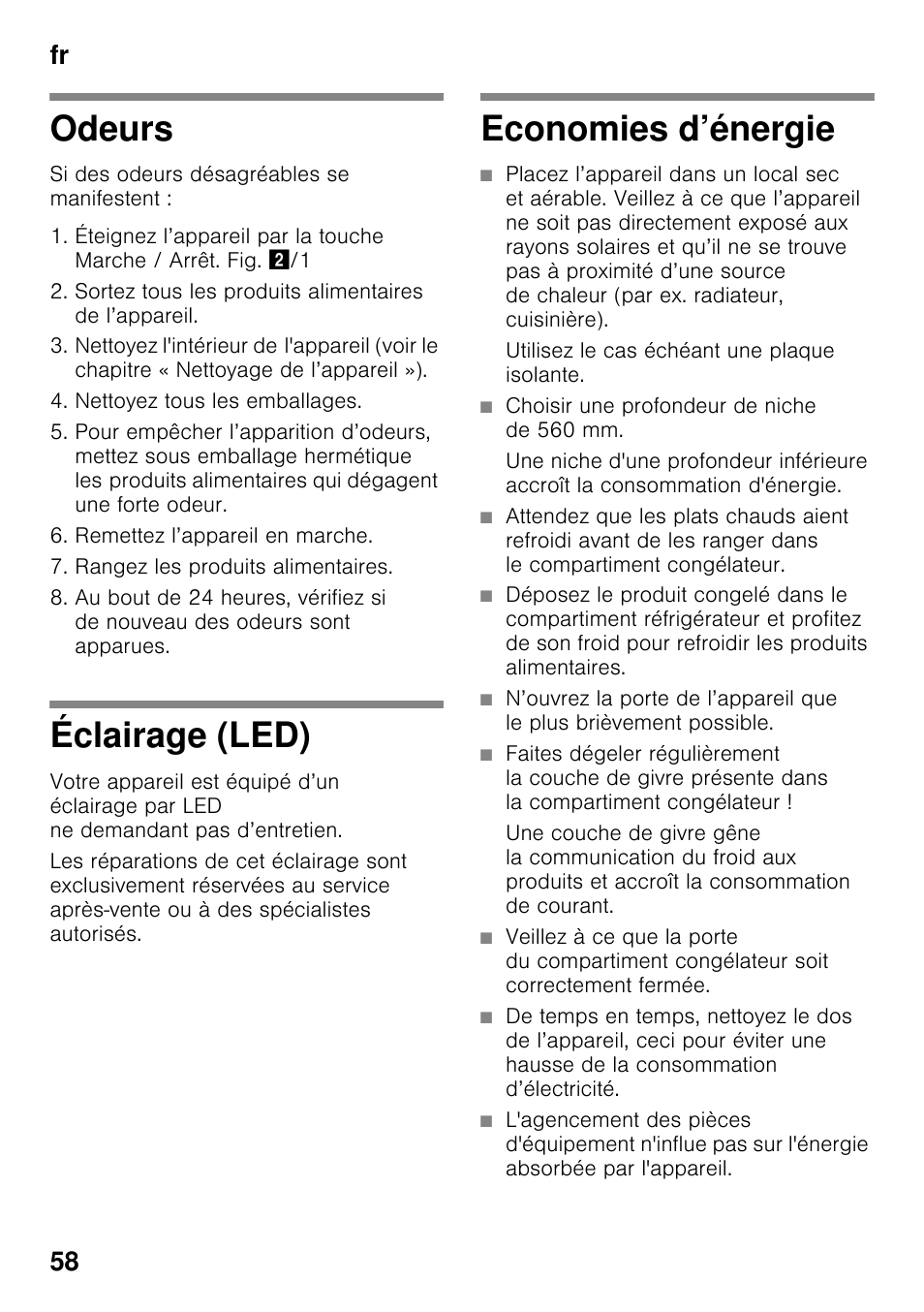 Odeurs, Éclairage (led), Economies d’énergie | Utilisez le cas échéant une plaque isolante, Choisir une profondeur de niche de 560 mm, Fr 58 | Siemens KI32LAD30 User Manual | Page 58 / 106